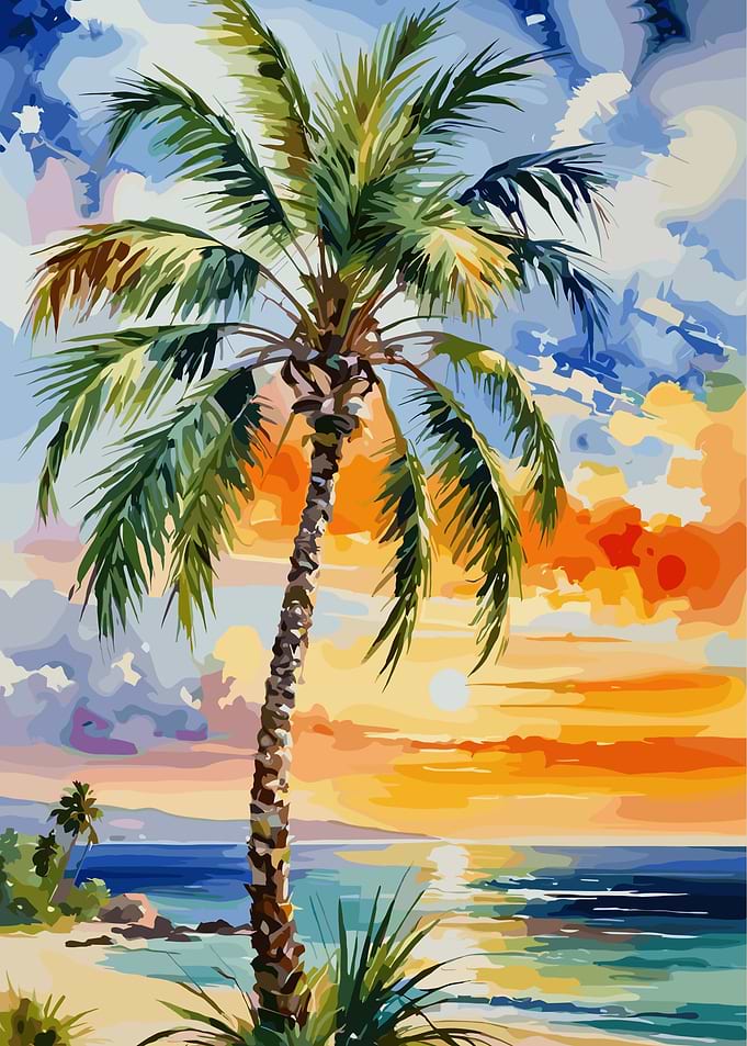 Tropical Beach Sunset Palm Tree Painting