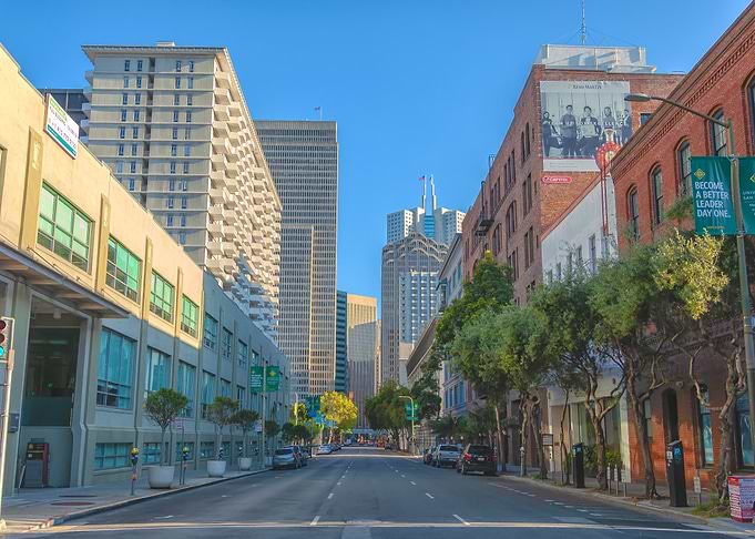 San Francisco street view with skyscrapers