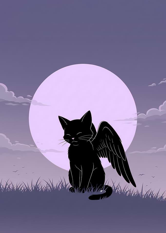 Minimalist Anime Winged Cat Poster – Black Silhouette Under Purple Dawn Sky