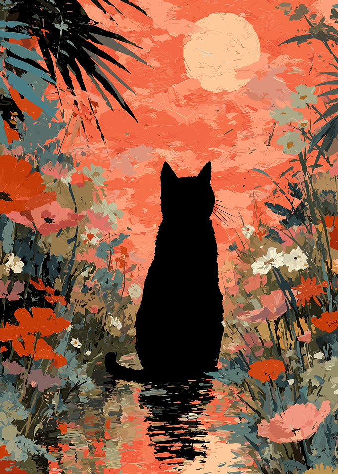 Black Cat in Floral Landscape