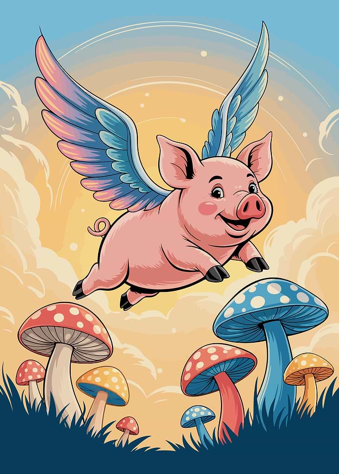 Flying Pig Over Mushroom Landscape