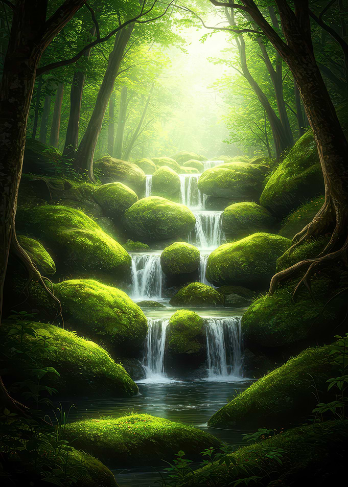 Lush Green Forest Waterfall Scene