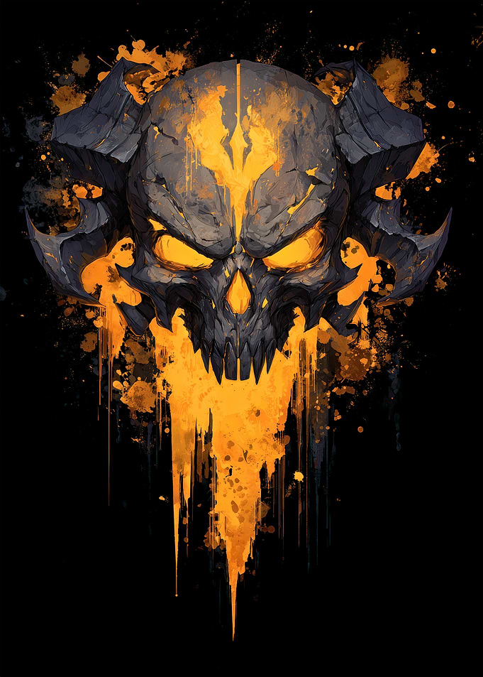 Fiery Horned Skull on Black Background