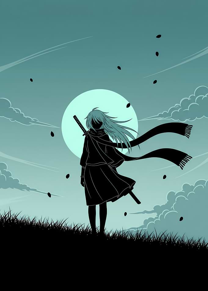 Minimalist Anime Girl with Katana Poster – Black Silhouette Under Teal Dawn Sky