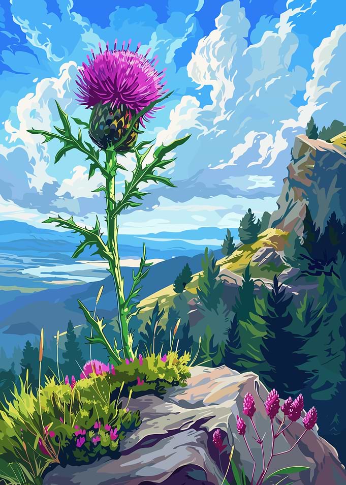 Thistle Flower on Mountain Landscape
