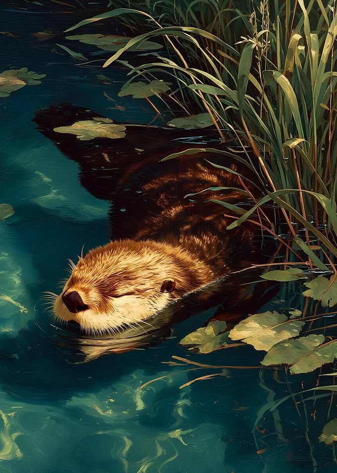 Otter Swimming in Water with Lily Pads