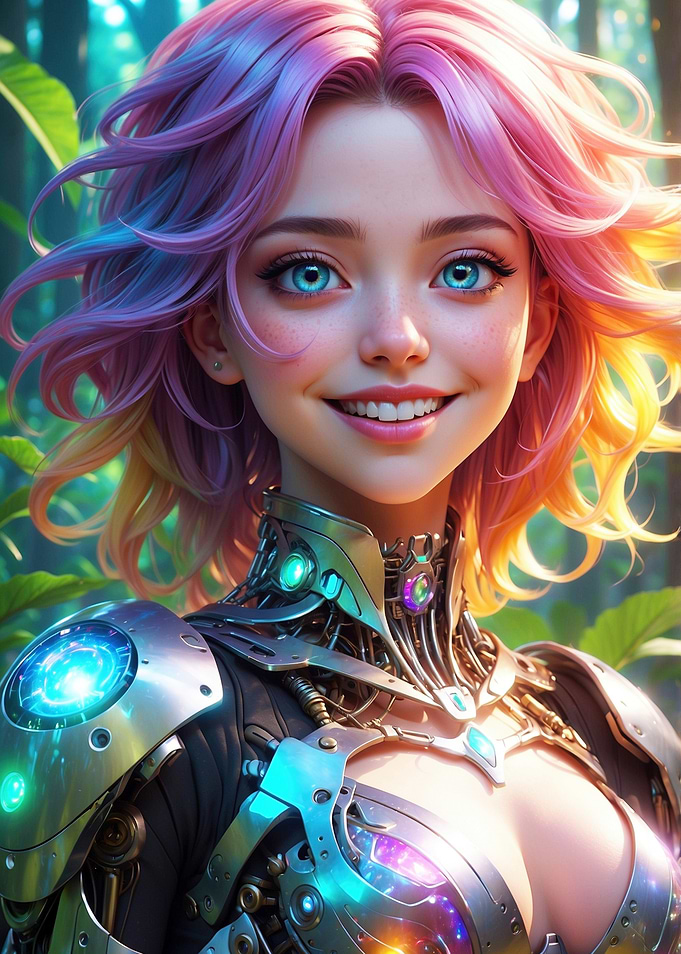 Beautiful Cyborg Girl with Colorful Hair Portrait