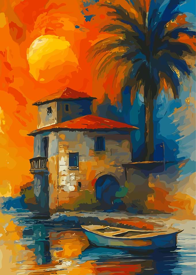 Coastal House with Boat Painting