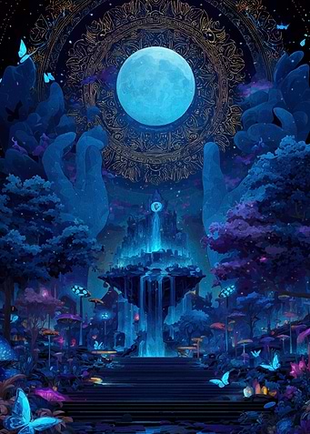 Blue Moonlit Fantasy Landscape