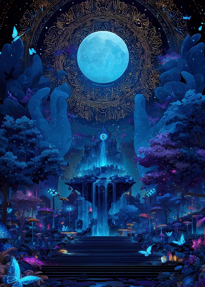 Blue Moonlit Fantasy Landscape