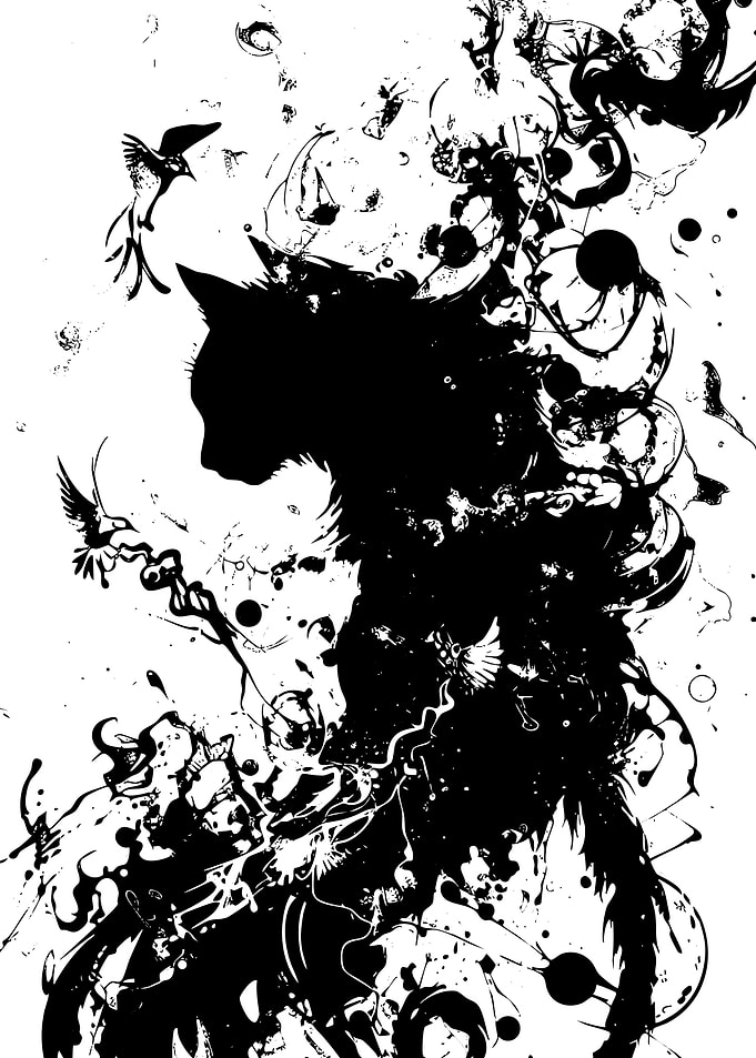 Abstract Cat Silhouette with Birds
