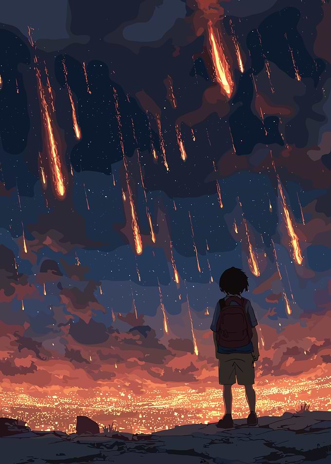 Boy Watching Meteor Shower Over City