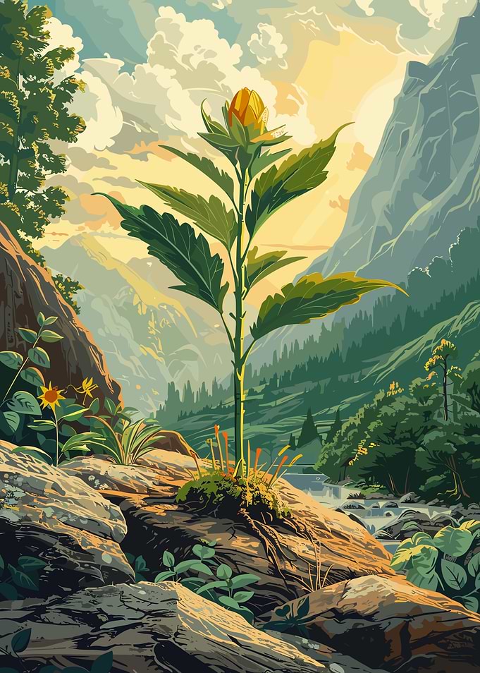 Mountain Landscape with Budding Plant