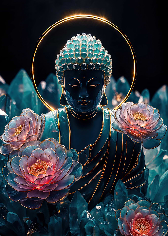 Serene Crystal Buddha with Luminous Lotus Flowers