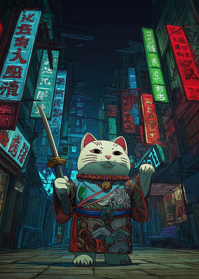 Maneki Neko Samurai in Neon Cityscape