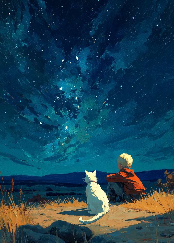 Boy and Cat Stargazing