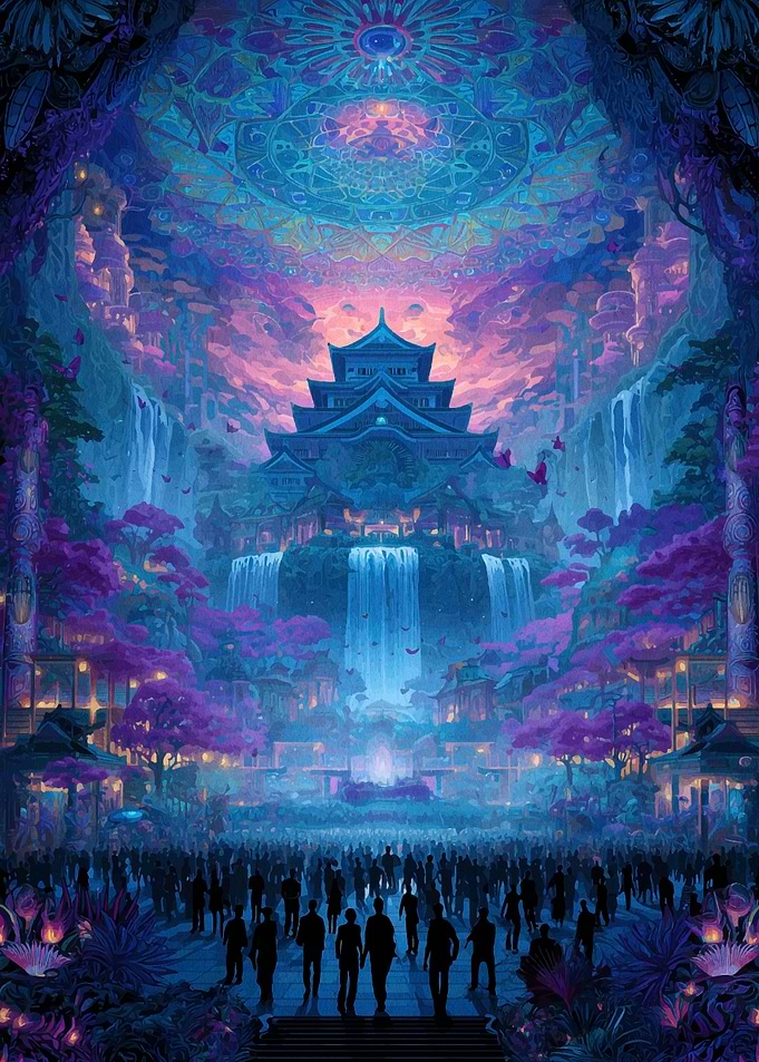 Fantasy Japanese Castle with Crowd