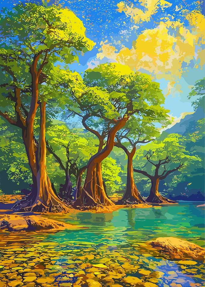 Lakeside Trees Landscape Painting