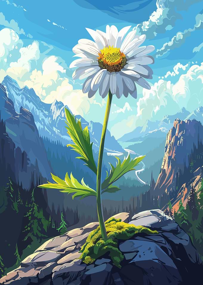 Daisy in Mountain Landscape Illustration