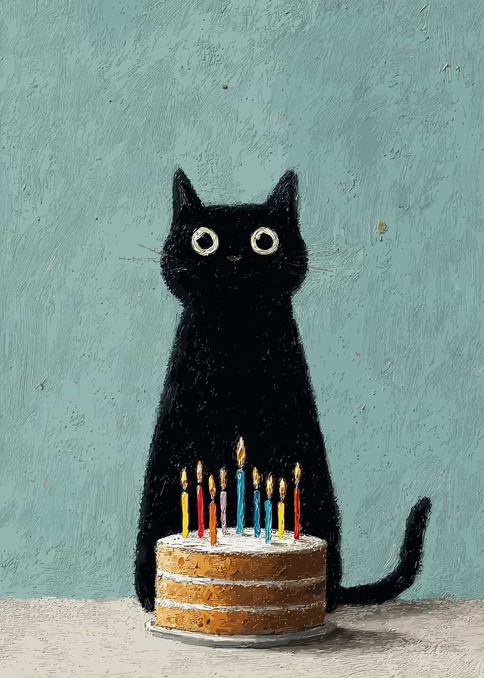 Black Cat Birthday Cake Illustration