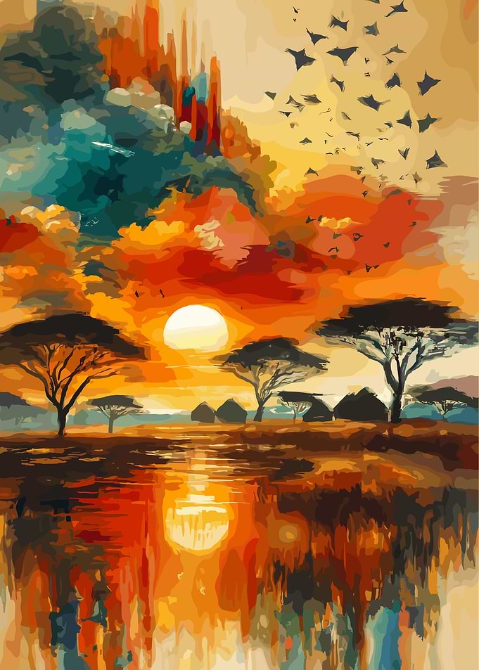 African Sunset Landscape Painting