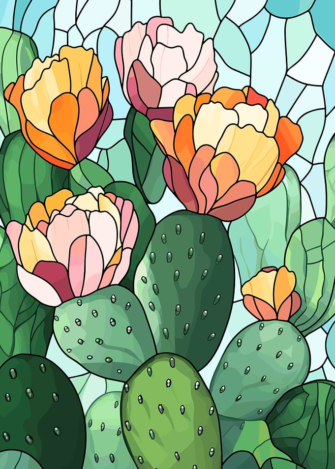 Blooming Cactus Stained Glass Style Art