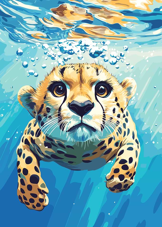 Cheetah Cub Swimming Underwater Illustration