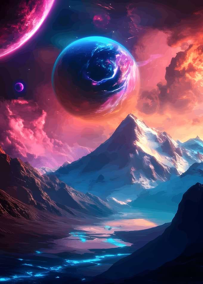Surreal Mountain Landscape with Planets