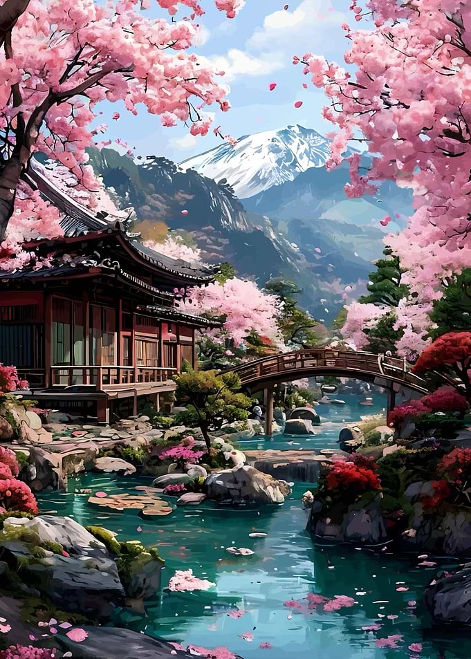 Japanese Garden with Cherry Blossoms