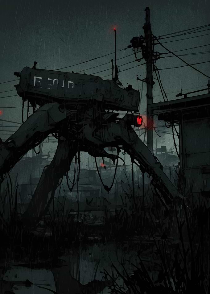 Dark Futuristic Tripod Robot in the Rain