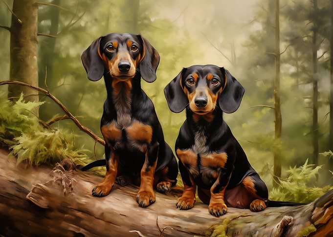 Two Dachshunds on a Log