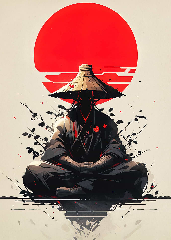 Meditating Samurai with Rising Sun