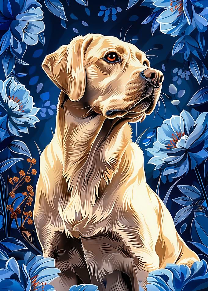 Labrador with Blue Floral Background