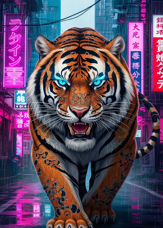 Cyberpunk Tiger in Rainy Cityscape