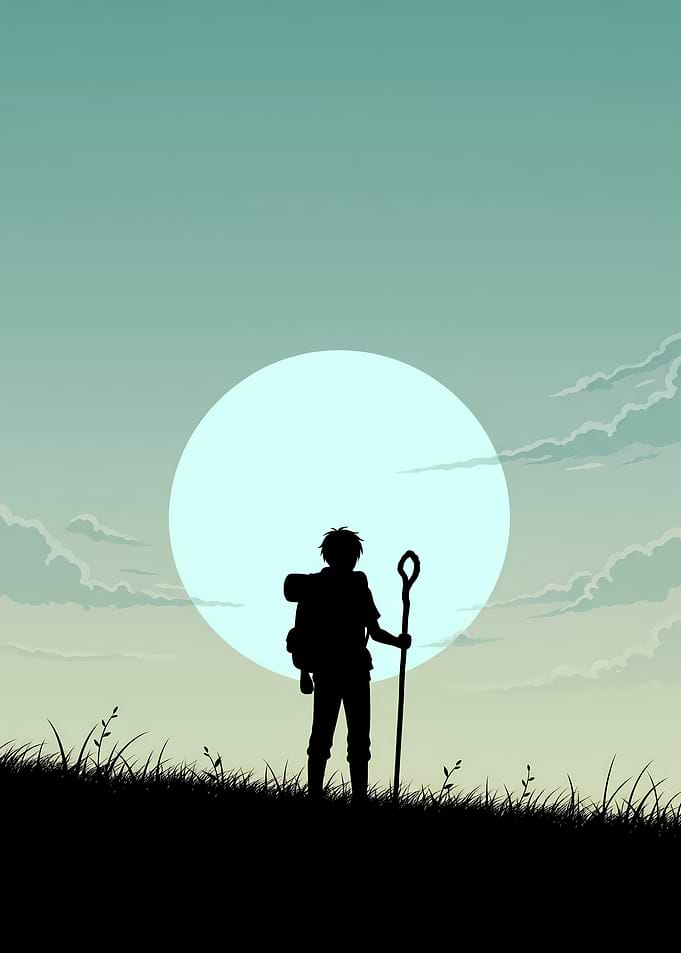 Minimalist Anime Traveler Poster – Black Silhouette Under Mint Dawn Sky