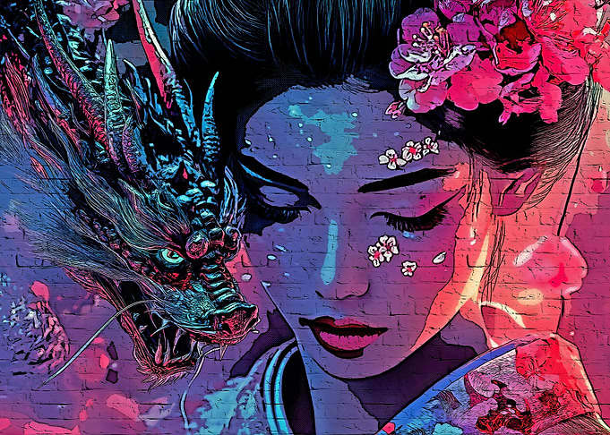 Geisha and Dragon Digital Art