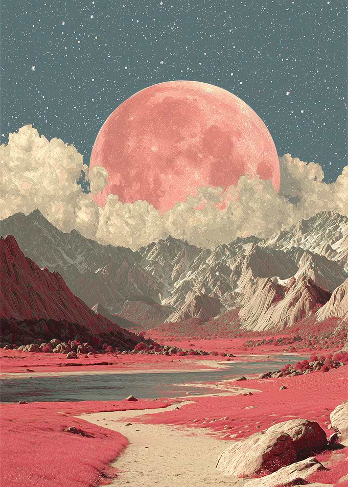 Pink Moon Over Mountain Landscape