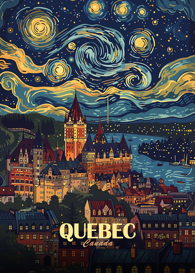 Quebec Cityscape with Starry Night Sky