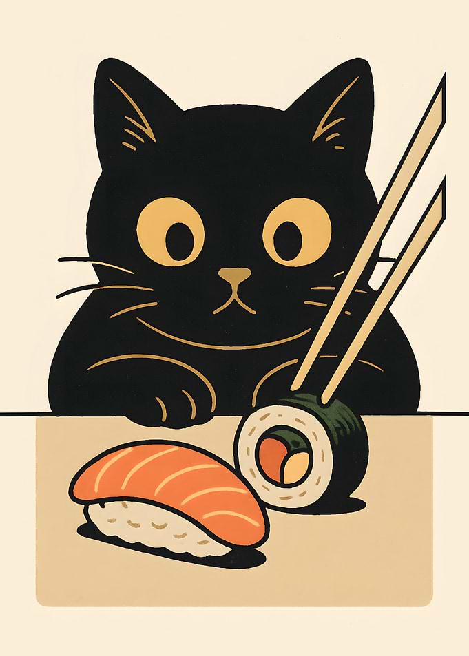 Black Cat with Sushi