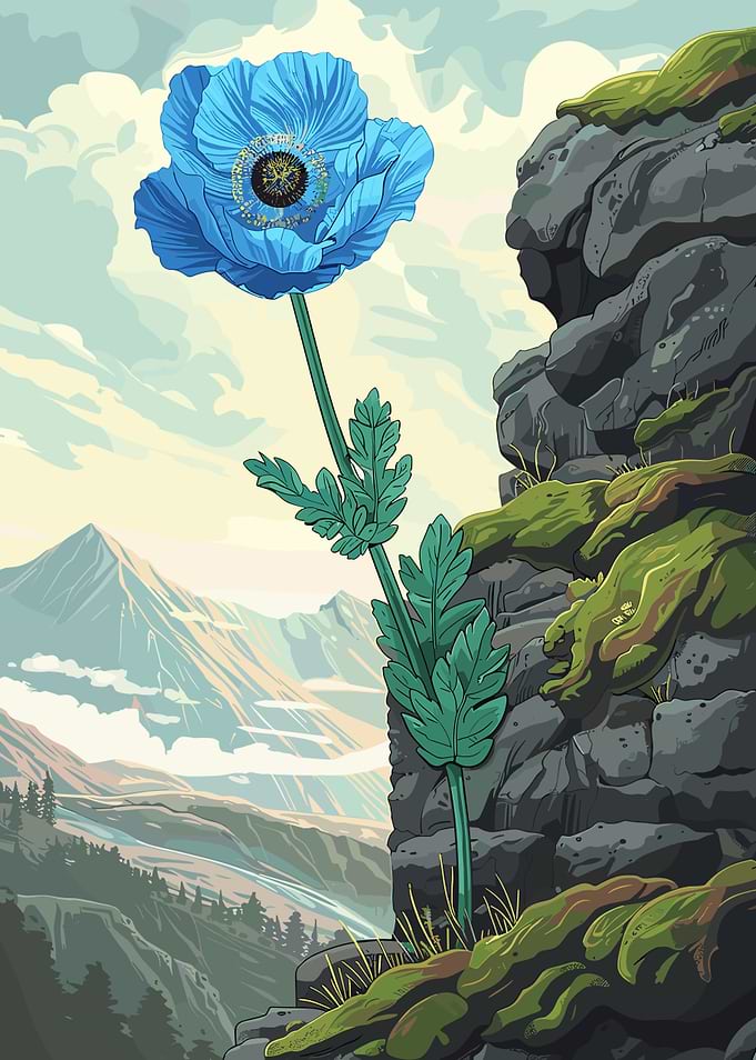 Blue Poppy on Mountain Cliff