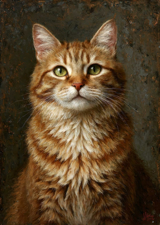 Classical Portrait Painting of a Ginger Cat