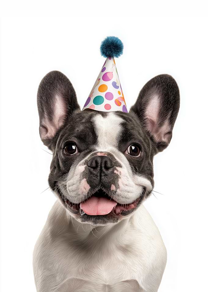 French Bulldog with Birthday Hat