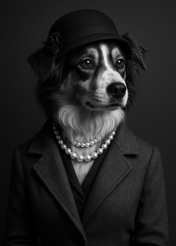 Elegant Australian Shepard Dog Portrait in Black and White