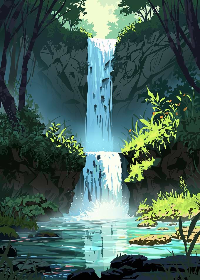 Lush Waterfall Landscape Illustration