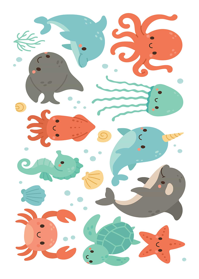 Cute Cartoon Sea Animals Illustration