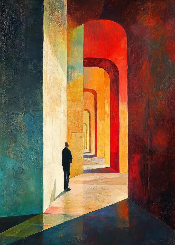 Hallway with Arches and Figure