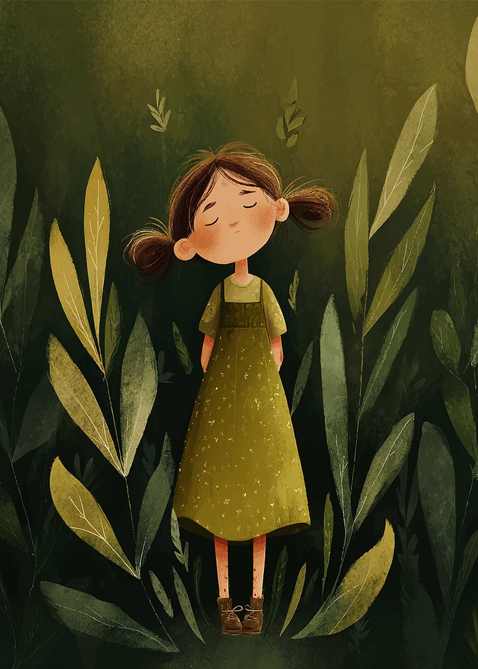 Girl in Green Dress Surrounded by Leaves