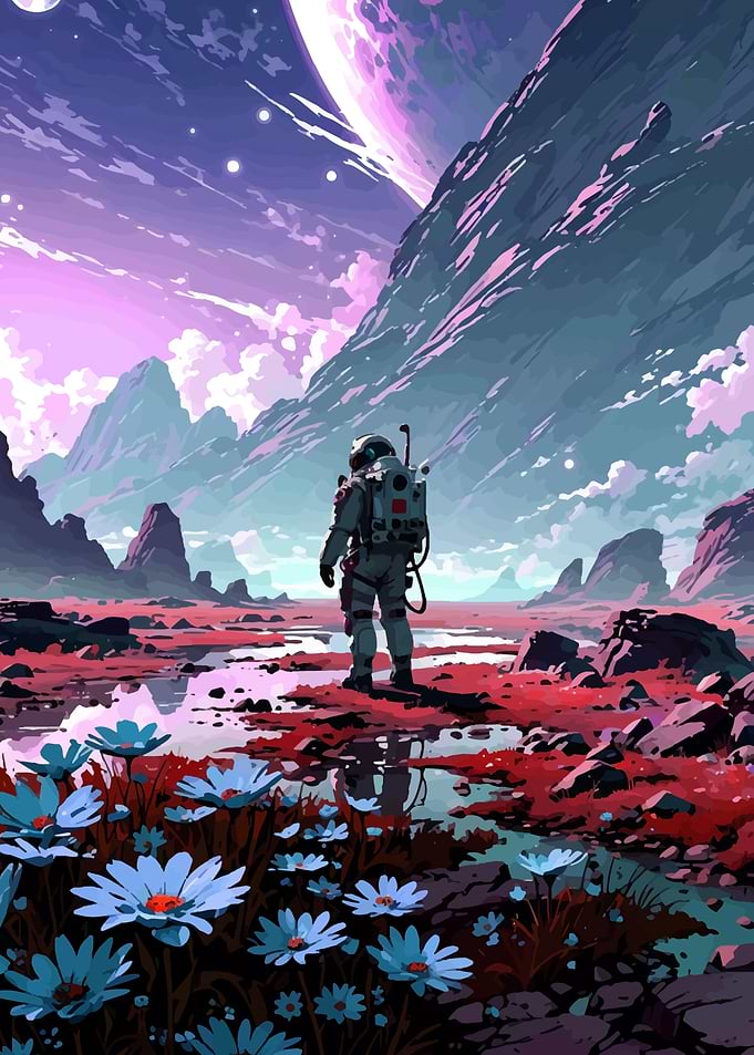Astronaut on alien planet with flowers