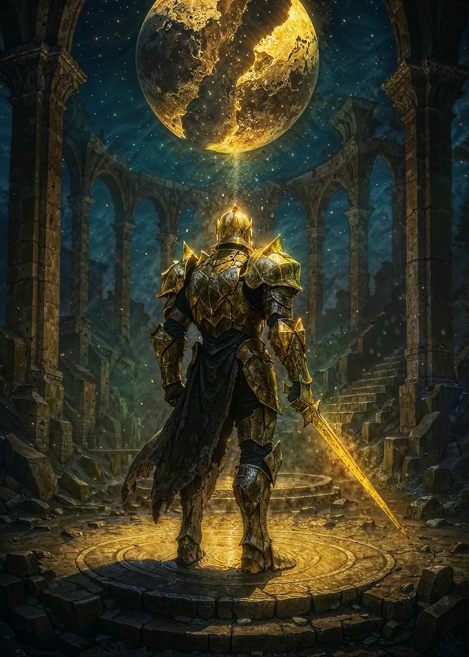 Golden Warrior Knight Under Celestial Moon