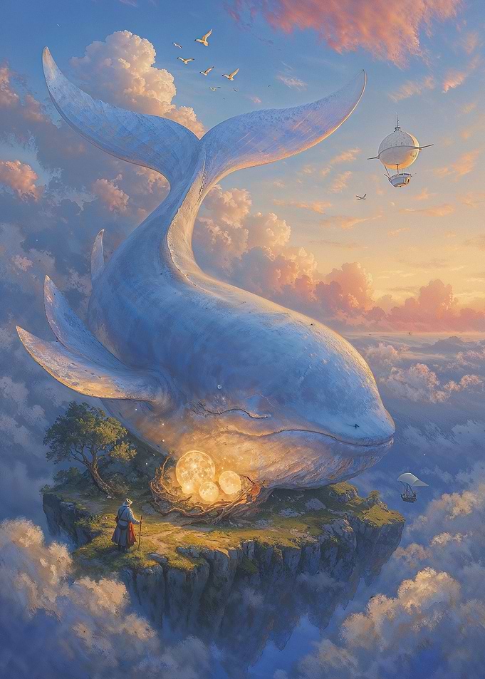 Whale in the Sky with Islands Guarding Glowing Nest Eggs